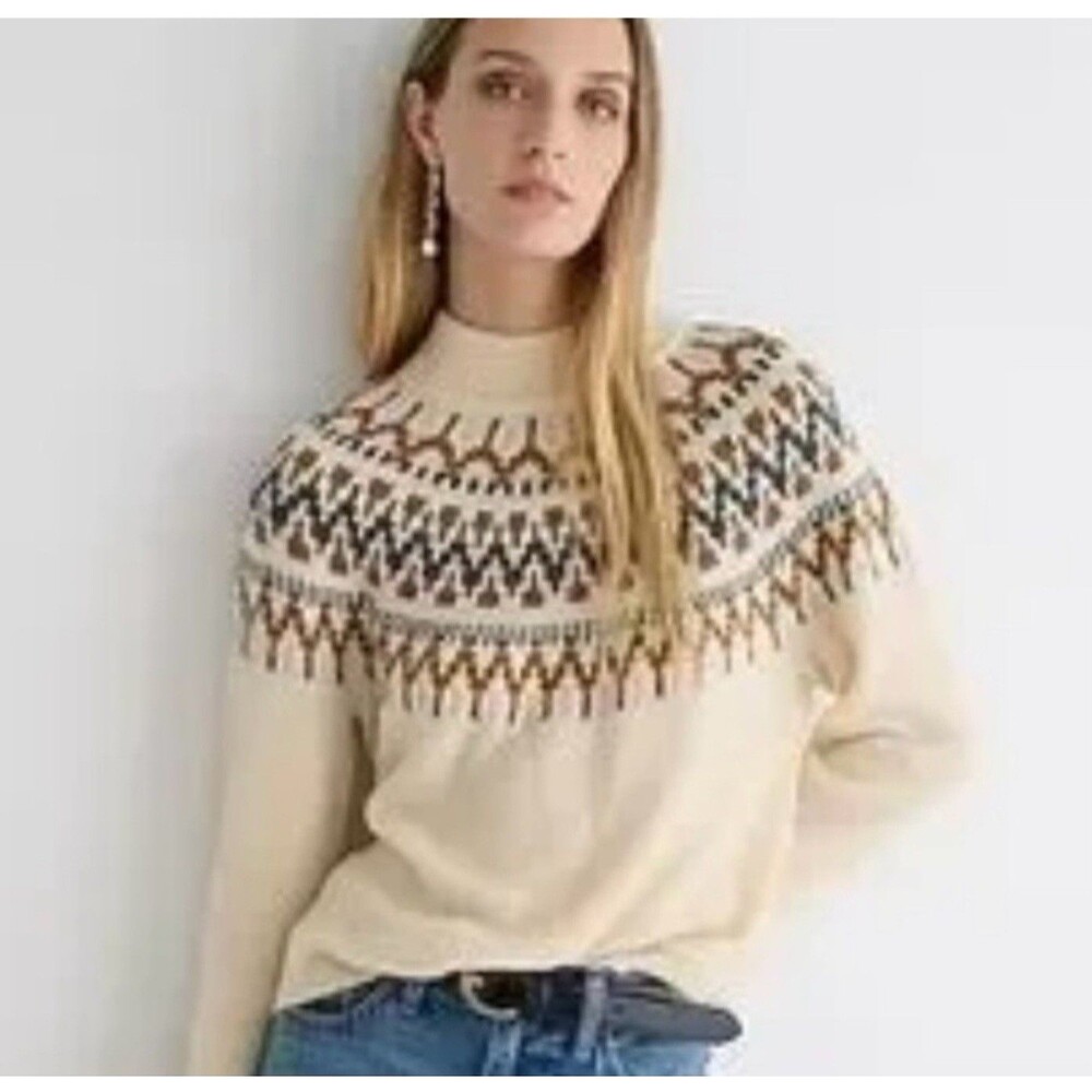 J. Crew Fair Isle Mockneck Pullover Sweater Neutral Cream Tan Wool Blend